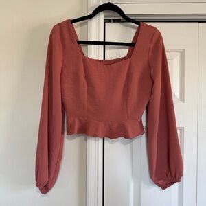 Altar'd State Cropped Smocked Long Sleeve Blouse Dusty Pink Size Small